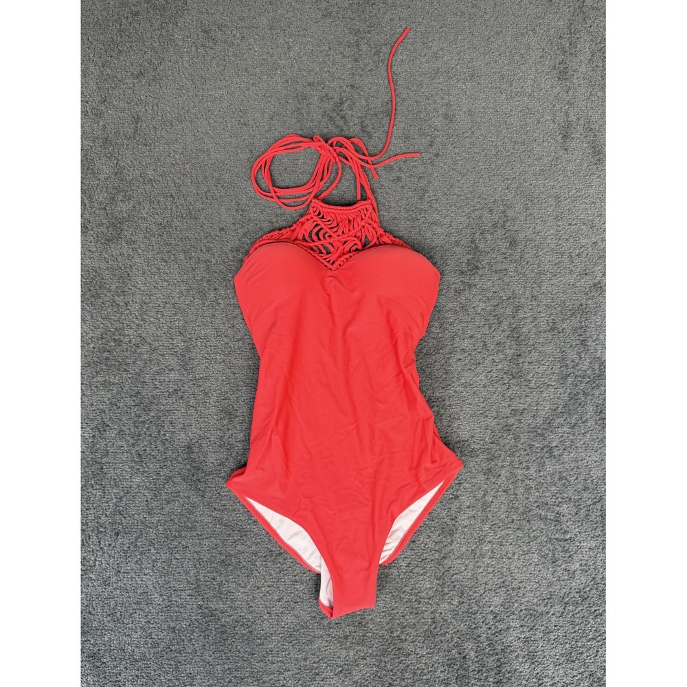 Leonisa Red Macrame High Neck Halter One Piece Swimsuit Size M Padded